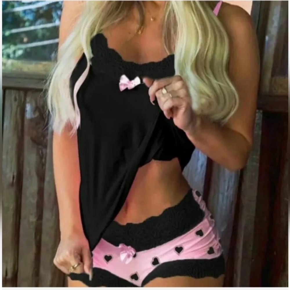 Women's 2 piece Heart Sexy Lace Sleepwear Lingerie Set Size 12 US Large